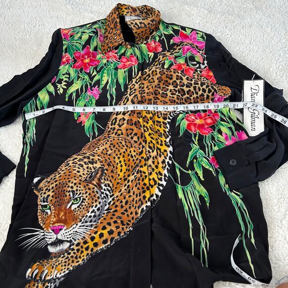 VTG NWT Diane Gilman Cheetah Tropical L Blk Silk Sequins Flowers 90s Maximalist - Picture 3 of 6